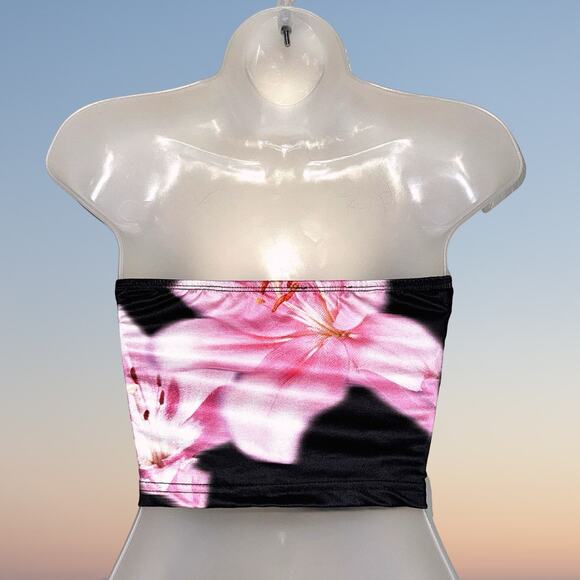NWT Small Black Floral Print Strapless Tube Top Stretchy Sleeveless Crop Y2k 90s - Picture 3 of 3